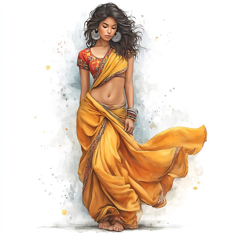 May include: Watercolor illustration of a woman in a yellow sari. The sari drapes elegantly, with a flowing fabric effect. She wears a red and orange floral top, silver earrings, and bracelets. Her dark hair is styled with loose waves.