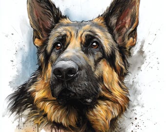Arte mural imprimible de pastor alemán, retrato realista de perro, descarga digital, regalo para amantes de los perros K9, obra conmemorativa para mascotas