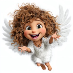 Puede incluir: Un alegre ángel de dibujos animados con cabello castaño rizado y ojos grandes y expresivos. El ángel lleva un vestido blanco y tiene alas de plumas. La imagen es una ilustración digital con una estética brillante y acogedora.