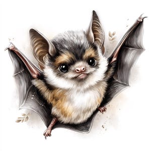 May include: A detailed illustration of a small bat with large, expressive eyes and outstretched wings. The bat has a mix of brown, black, and white fur, with a pink nose and ears. The wings are gray with brown accents, and the background is white.