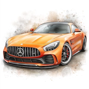 Puede incluir: Ilustración de un coche deportivo naranja con techo negro, ruedas negras y logotipo de Mercedes-Benz en la parte delantera. El coche tiene pinzas de freno rojas y un fondo de acuarela. El diseño del coche es elegante.