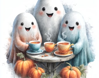 Imprimible de arte mural de fantasmas, decoración de Halloween para habitación infantil, acogedora ilustración de calabaza otoñal, descarga digital de temporada espeluznante.