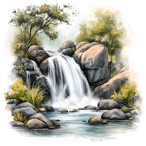May include: Watercolor painting of a waterfall cascading over gray rocks into a calm pool. Lush green trees and foliage frame the waterfall, with soft, diffused light creating a serene atmosphere. The artwork evokes a sense of nature and tranquility.