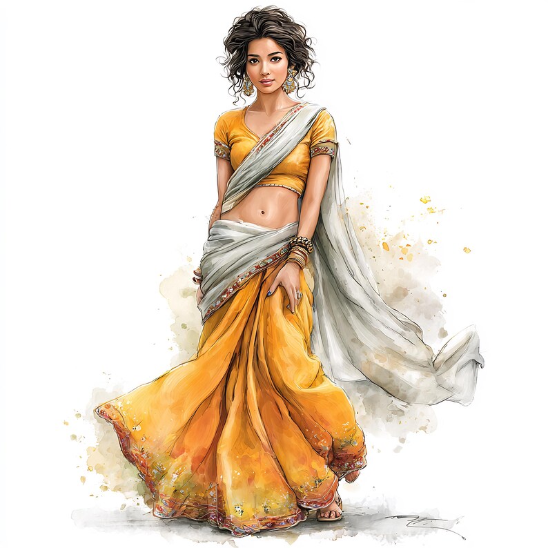 May include: Watercolor illustration of a woman wearing a traditional Indian sari. The sari is a vibrant yellow with intricate detailing and a white drape. She is adorned with gold jewelry and a matching yellow blouse.