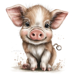 May include: A watercolor illustration of a cute piglet with brown and white fur, large pink ears, and a curly tail. The piglet has a smiling expression and rosy cheeks, set against a white background with subtle paint splatters.