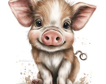 Watercolor Baby Piglet Clipart, Pink Pig Illustration with Round Snout, Hand-Painted Farm Animal Artwork, Printable Nursery Decor