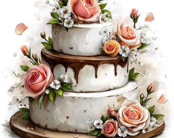 Op de afbeelding: Een drielaagse taart met witte glazuur en chocoladeganache. De taart is versierd met roze en oranje rozen, witte bloemen en groene bladeren. De taart staat op een ronde houten taartstandaard. Bloemblaadjes zijn verspreid.