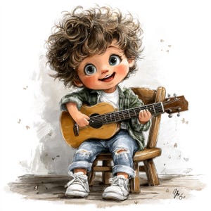 May include: Illustration of a smiling child with curly brown hair playing a small acoustic guitar. The child is wearing a green plaid shirt, white t-shirt, ripped blue jeans, and white sneakers. The child is sitting on a wooden chair.