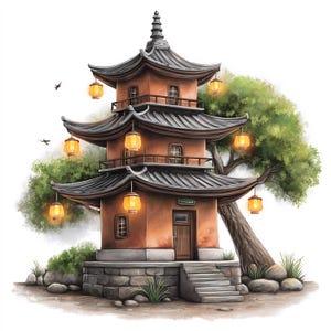 Puede incluir: Ilustración en acuarela de una pagoda de tres niveles con techo gris oscuro y paredes naranjas. La pagoda está adornada con linternas colgantes y se encuentra junto a un gran árbol verde. Una escalera de piedra conduce a la entrada.