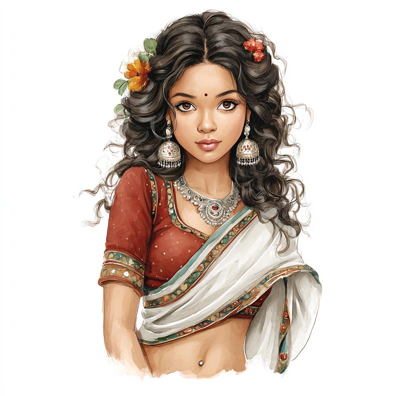 May include: A watercolor illustration of a woman in traditional Indian attire. She wears a red blouse with gold trim, a white sari, and silver jewelry, including earrings and a necklace. Her dark hair is adorned with flowers.