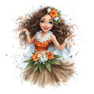May include: Watercolor illustration of a smiling woman in a Hawaiian outfit. She wears an orange crop top, a brown skirt, and a flower lei. Her dark brown hair is adorned with orange hibiscus flowers and white blossoms. She has blue eyes and is surrounded by watercolor splashes.