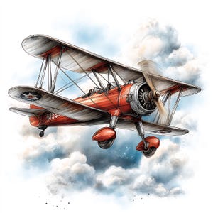 Väggkonst med vintage-biplanillustration, klassiskt flygplan ovanför moln, retroflygtryck, nostalgisk himmelinredning