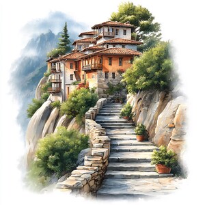 May include: Watercolor painting of a hillside village with stone steps leading up to the buildings. The buildings have orange tile roofs and balconies. Lush green trees and potted plants add color to the scene. A mountain range is visible in the background.