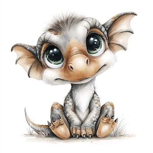 May include: A watercolor illustration of a cute, baby dragon with large, expressive green eyes. The dragon has a light brown and white body, with scaled details and small wings. It is sitting down with its claws visible.