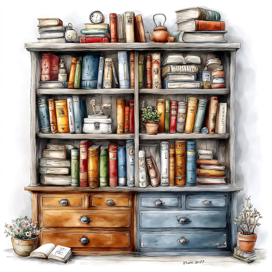 Old Library Watercolor Illustration, Antique Bookshelf With Vintage ...