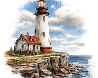 Puede incluir: Una escena costera con un faro blanco y rojo, junto a una pequeña casa con tejado rojo. El faro se alza sobre un acantilado rocoso con vistas al océano bajo un cielo azul nublado. La imagen tiene un estilo pictórico.