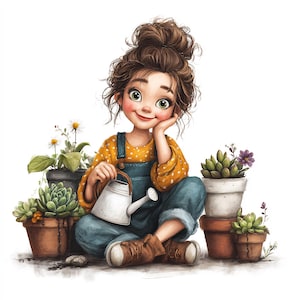 May include: Illustration of a young person with brown hair in a bun, wearing a yellow polka-dot shirt and blue overalls, holding a watering can. Several potted succulents and flowers surround the person, creating a gardening theme.