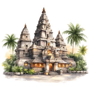 May include: Watercolor illustration of a temple complex with multiple towers and structures. The temple is depicted in shades of gray and beige, with palm trees and lush greenery surrounding it. The image has a soft, artistic style.