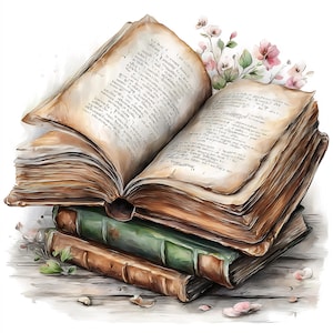 Può includere: Un libro antico aperto con pagine ingiallite e testo manoscritto, sopra una pila di due libri. I libri sono marroni e verdi, con un rametto di fiori rosa e petali sparsi. L'immagine evoca la storia e l'apprendimento.
