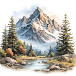 May include: Watercolor painting of a mountain landscape. A snow-capped mountain peak dominates the scene, with evergreen trees and a calm lake in the foreground. The artwork features soft colors and a serene atmosphere.