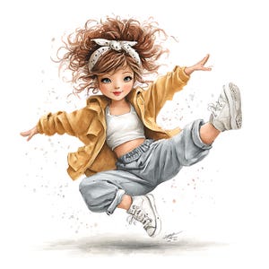 May include: Watercolor illustration of a young person mid-air, performing a dance move. They wear a yellow jacket, white crop top, gray sweatpants, and white sneakers. A white headband with black polka dots adorns their curly brown hair.