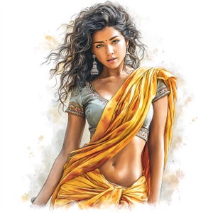 May include: Illustration of a person wearing a yellow sari with a gray blouse. The sari drapes over the body, and the blouse has decorative trim. The person has dark curly hair and is wearing silver earrings. The background has watercolor-like splashes.