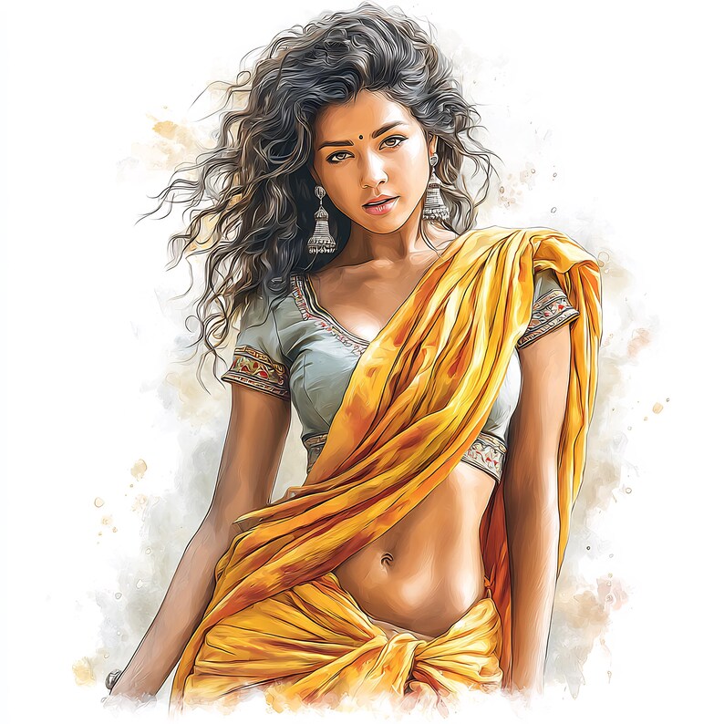 May include: Illustration of a person wearing a yellow sari with a gray blouse. The sari drapes over the body, and the blouse has decorative trim. The person has dark curly hair and is wearing silver earrings. The background has watercolor-like splashes.