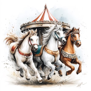 May include: A watercolour illustration of a carousel featuring three horses. The horses are white and brown, with flowing manes and detailed saddles. The carousel roof is striped red and white. The image has a whimsical, artistic style.