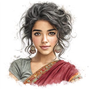 May include: A digital watercolor portrait of a woman with dark curly hair styled up. She wears ornate earrings and a red and gold sari. The image has a soft, artistic style with watercolor splatters.