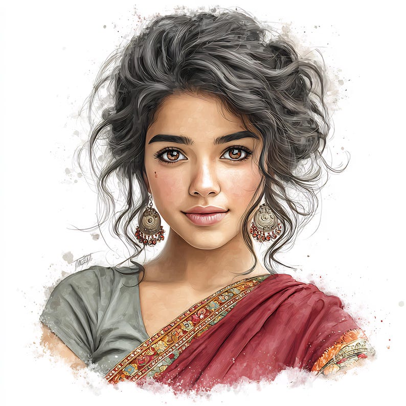 May include: A digital watercolor portrait of a woman with dark curly hair styled up. She wears ornate earrings and a red and gold sari. The image has a soft, artistic style with watercolor splatters.