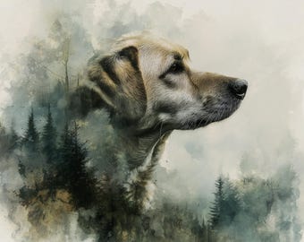 German Shepherd Wall Art Printable, Dog Lover Gift, Rustic Lake House Decor, Forest Landscape Pet Art Digital Download