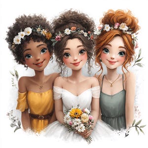 Peut inclure: Illustration de trois femmes souriantes avec des couronnes de fleurs. L'une porte une robe jaune, une autre une robe blanche et la troisième une robe verte. La femme en robe blanche tient un bouquet de fleurs. Toutes portent des colliers.