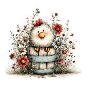 May include: A fluffy white chick with a red comb and orange beak sits inside a weathered wooden bucket. The bucket is surrounded by a variety of colorful flowers, including white daisies, red blossoms, and light blue petals, against a white background.