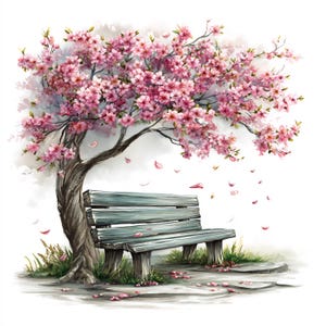 May include: Watercolor illustration of a park scene featuring a wooden bench beneath a blossoming cherry tree. The tree's branches are laden with pink flowers, with petals gently falling. The bench is weathered, and the scene evokes a sense of tranquility.