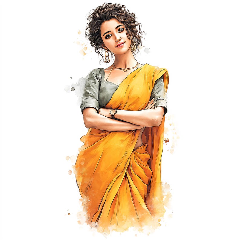 May include: Illustration of a person wearing a yellow sari with a gray blouse. The person has curly brown hair, gold earrings, a gold necklace, and a watch. The image has a watercolor effect with splashes of color.