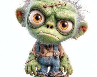 May include: A cartoon-style zombie character with green skin, large orange eyes, and stitched-up wounds. The zombie wears a brown shirt, blue denim overalls, and sandals. The character has a grumpy expression and spiky gray hair.