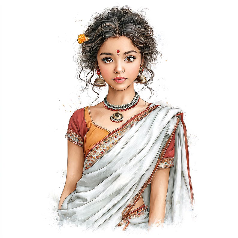 May include: Watercolor illustration of a woman wearing a white sari with red and gold trim. She has dark curly hair, a red bindi, and is adorned with gold earrings and a necklace. A yellow flower is tucked in her hair.