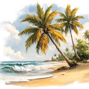 May include: A tropical beach scene with two palm trees, golden sand, and turquoise water. The sky is a light blue with fluffy white clouds. The artwork evokes a sense of relaxation and vacation.