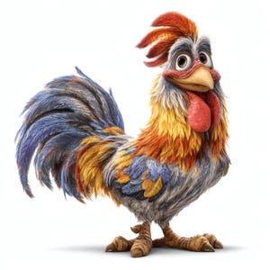 May include: A colorful cartoon rooster with a red comb and wattle, and a yellow, orange, and blue feathered body. The rooster has a friendly expression and is set against a white background.