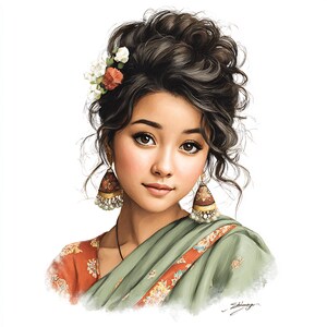 May include: A digital illustration of a woman with dark hair styled up with flowers. She wears large, ornate earrings and a green and orange sari. The image has a soft, painterly style and a focus on the woman's face.