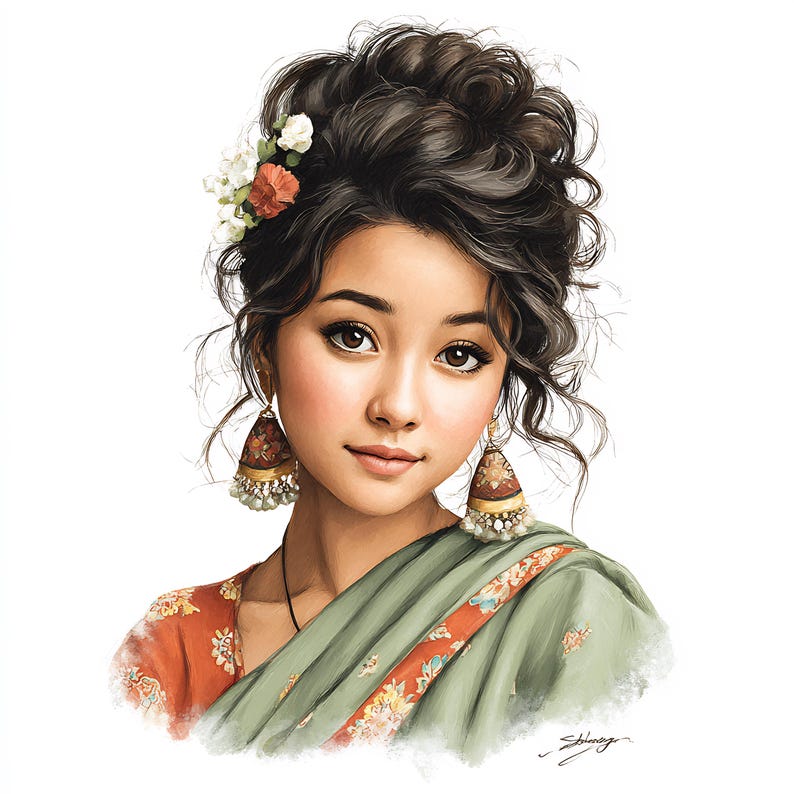 May include: A digital illustration of a woman with dark hair styled up with flowers. She wears large, ornate earrings and a green and orange sari. The image has a soft, painterly style and a focus on the woman's face.