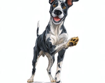 Puede incluir: Ilustración en acuarela de un perro con pelaje blanco y negro, ojos marrones y una expresión feliz. El perro levanta la pata, como saludando o dando un choque de manos. El fondo es blanco liso.