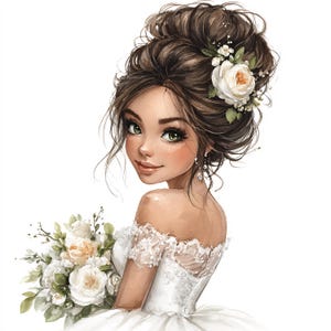 May include: A watercolour illustration of a bride with dark brown hair styled in an updo, decorated with a white rose and foliage. She wears a white, off-the-shoulder wedding dress and holds a bouquet of white and cream flowers. The bride has green eyes and is looking over her shoulder.