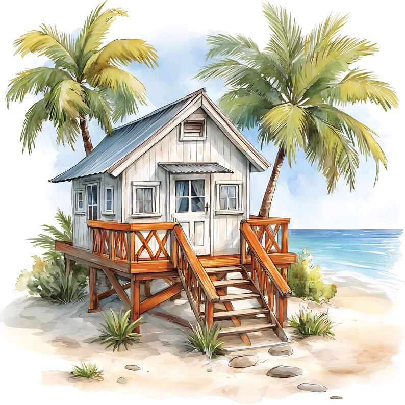 Tropical Stilt House Illustration With Palm Trees Coastal Beach Cabin ...