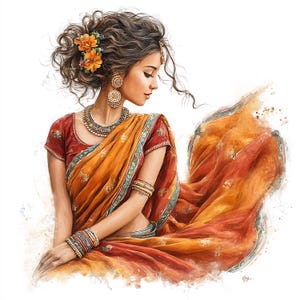 May include: An illustration of a person wearing a traditional Indian sari. The sari is a vibrant orange and red with gold accents. The person is adorned with gold jewelry, including earrings, a necklace, and bracelets. Flowers are in the person's hair.