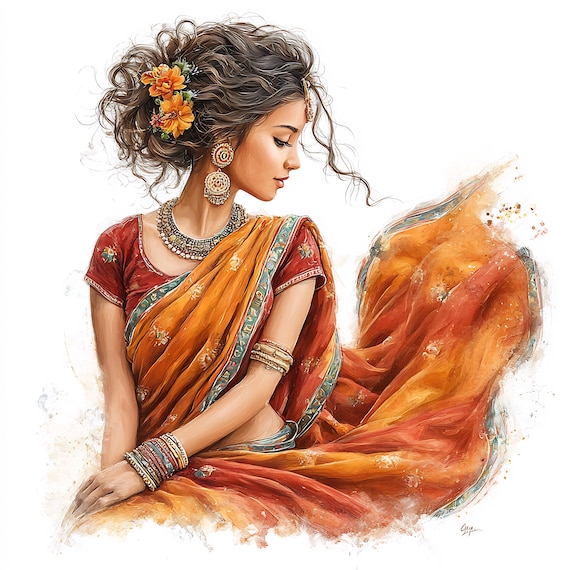 Traditional Saree Girl Watercolor Illustration, Elegant Indian Woman Portrait, Cultural Fashion Art, Graceful Ethnic Wall Decor