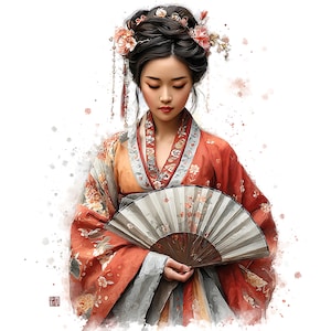 Puede incluir: Ilustración digital de una mujer con vestimenta asiática tradicional. Lleva una túnica estampada en rojo y naranja, un tocado decorativo con flores y sostiene un abanico cerrado. La obra de arte tiene un efecto acuarela.
