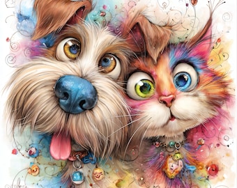 Dog and Cat Clipart, Playful Pet Friends Art, Quirky Animal Illustration, Cute Dog Cat Wall Decor, Adorable Pet Artwork