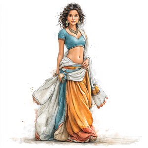 May include: Watercolor illustration of a woman in traditional Indian attire. She wears a light blue top, a white and orange sari, and gold jewelry. The artwork has a soft, painterly style with a white background.