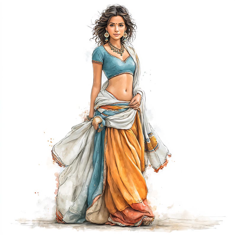 May include: Watercolor illustration of a woman in traditional Indian attire. She wears a light blue top, a white and orange sari, and gold jewelry. The artwork has a soft, painterly style with a white background.